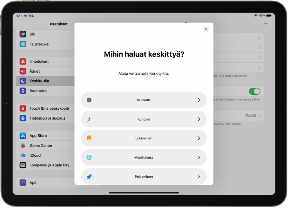 Keskity-tilan asetusnäyttö Keskity-tilan lisävalinnoista, mukaan lukien Muokattu, Kuntoilu, Pelaaminen, Mindfulness ja Lukeminen.