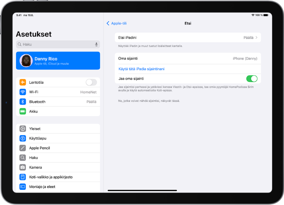 Näytössä näkyy Etsi-apin asetuksia sekä valintoja Etsi iPadini‑ ja Jaa oma sijainti ‑toimintojen päälle laittamista varten.
