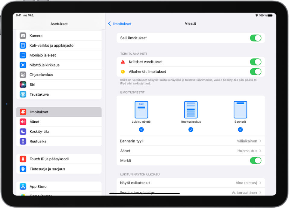 iPad ja Viestit-apin asetukset ilmoituksille ja hälytyksille.