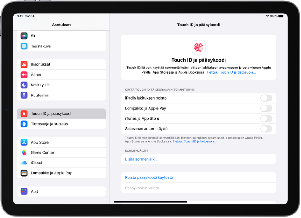 Näytössä näkyy Touch ID ja pääsykoodi ‑asetuksia sekä valintoja sormenjäljen lisäämistä ja pääsykoodin päälle laittamista varten.