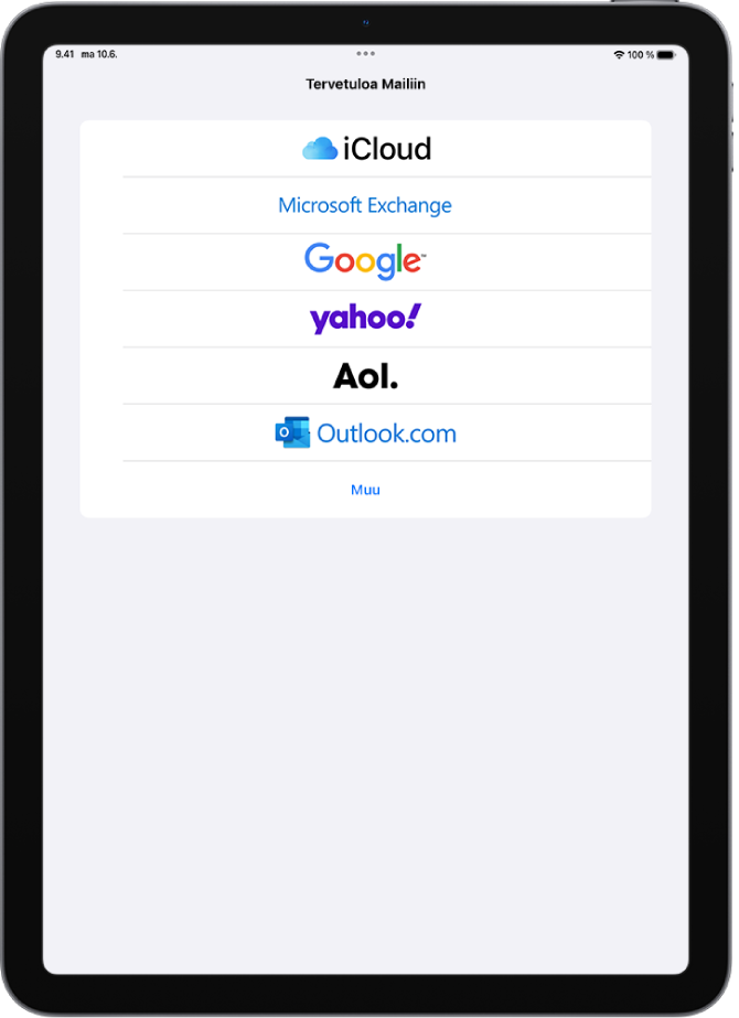 Lisää tili ‑näyttö, jossa näkyvät sähköpostitilin tyypin valitsemisen vaihtoehdot, kuten iCloud, Microsoft Exchange, Google, Yahoo, AOL ja Muu Mail-tili.