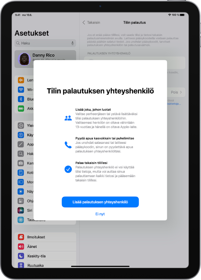 Tilin palautuksen yhteishenkilön näyttö, jossa on tietoa tästä ominaisuudesta. Lisää palautuksen yhteyshenkilö ‑painike on alhaalla.