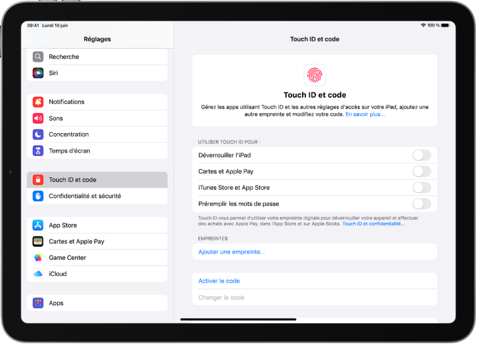 Écran affichant les réglages de Touch ID et code, avec des options permettant d’ajouter une empreinte et d’activer le code.