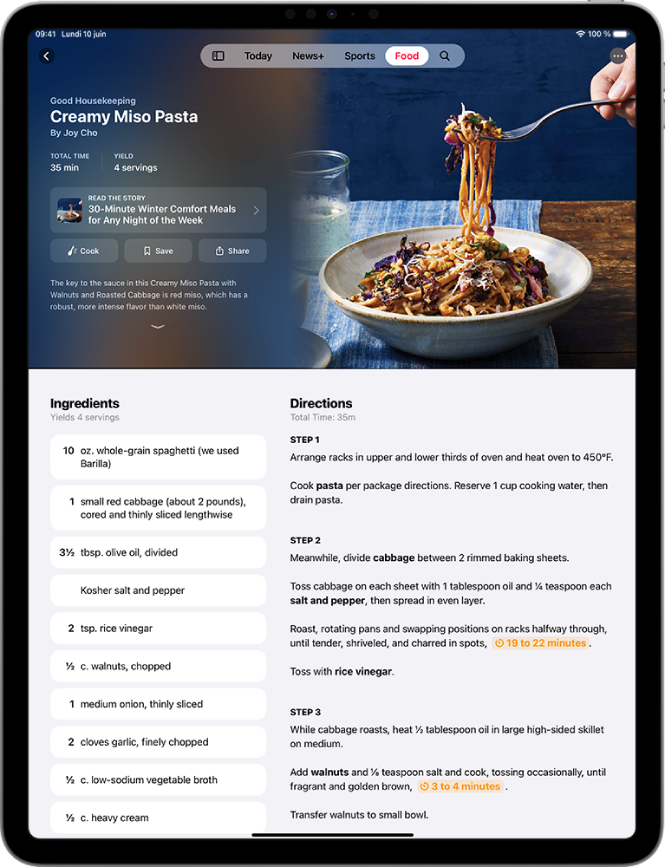 Une recette dans Apple News+, affichant les ingrédients et les étapes, ainsi que deux boutons de minuteur.