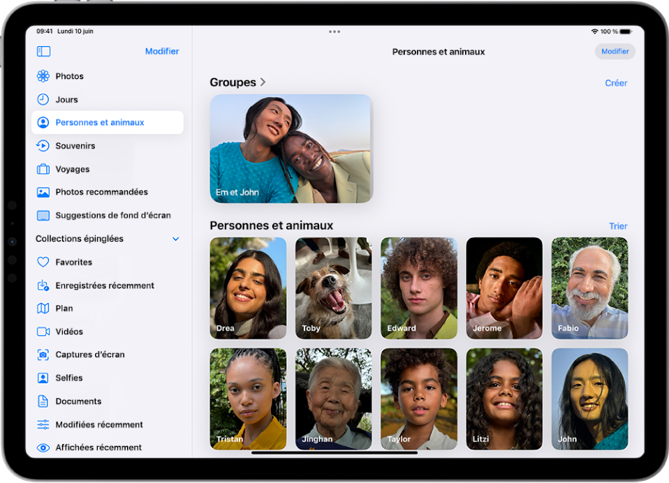 Une collection d’une personne est ouverte dans la section Personnes et animaux de l’app Photos, affichant des vidéos et photos de cette personne.