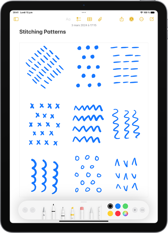 Une note est ouverte dans l’app Notes et la barre d’outils d’annotation est ouverte en bas de l’écran. Les outils d’annotation de gauche à droite sont les suivants : Stylo, Trait simple, Marqueur, Gomme, Lasso, Règle et Crayon, puis les boutons de couleurs, le bouton Ajouter et le bouton Plus.