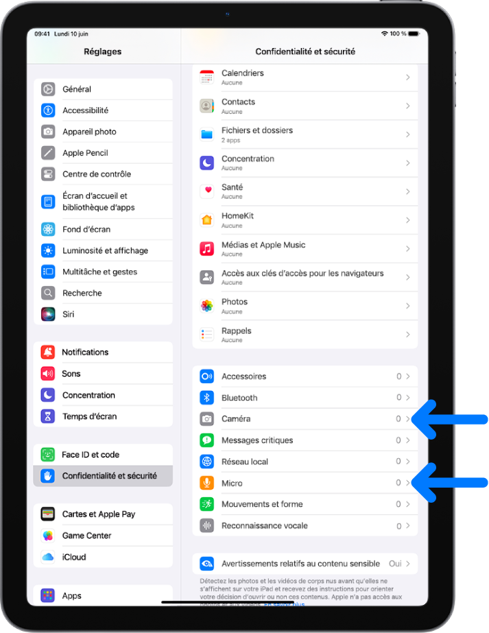 L’écran « Confidentialité et sécurité », avec des réglages permettant de contrôler les apps pouvant utiliser la caméra, le micro et d’autres parties de l’iPad.