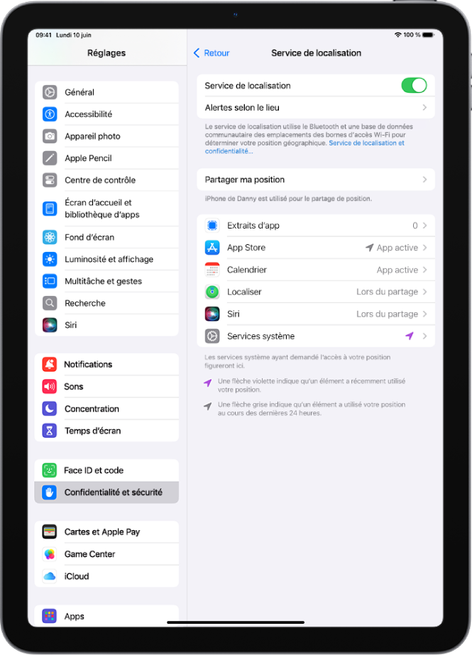 L’écran « Services de localisation », avec des réglages permettant de partager la position de votre iPad avec des apps.