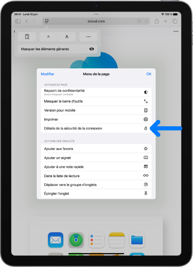 Le menu Réglages de la page est ouvert dans Safari et la commande Détails de la sécurité de la connexion se trouve vers le centre de la page.