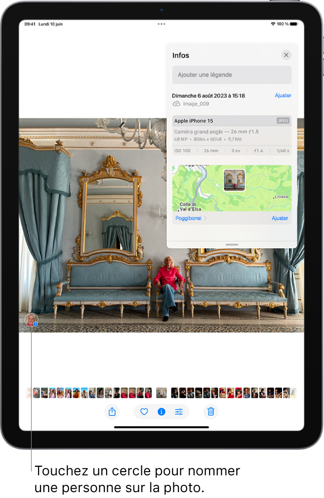 L’écran de l’iPad présente une photo ouverte dans l’app Photos. Dans le coin inférieur gauche de la photo se trouve une vignette avec le nom de la personne qui y figure.