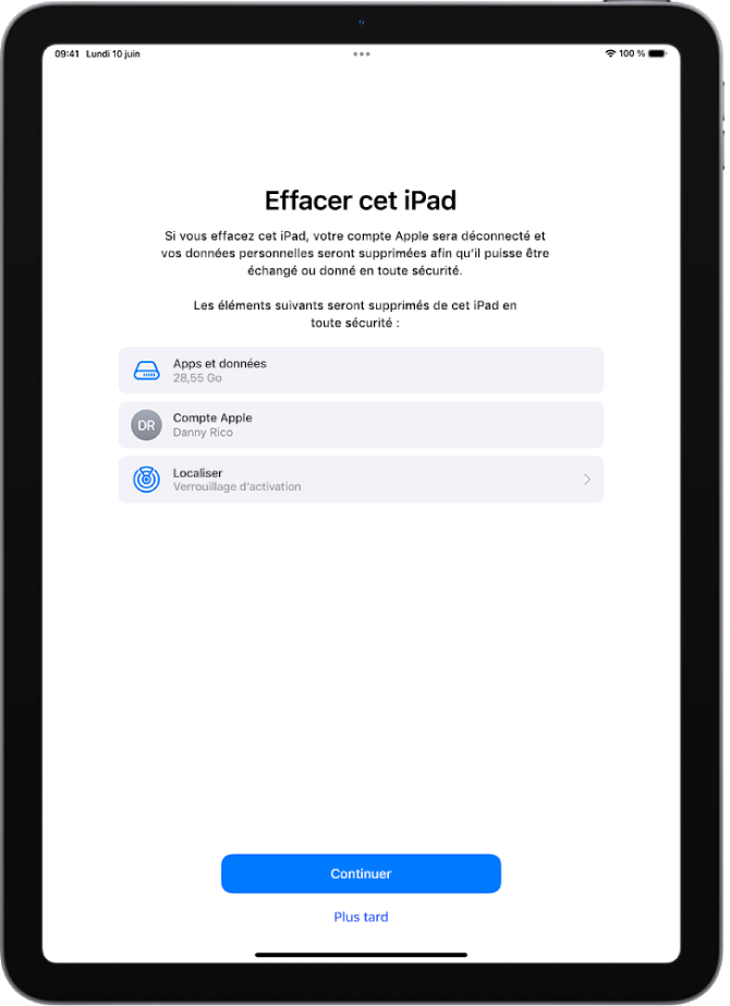 L’écran « Effacer cet iPad ».