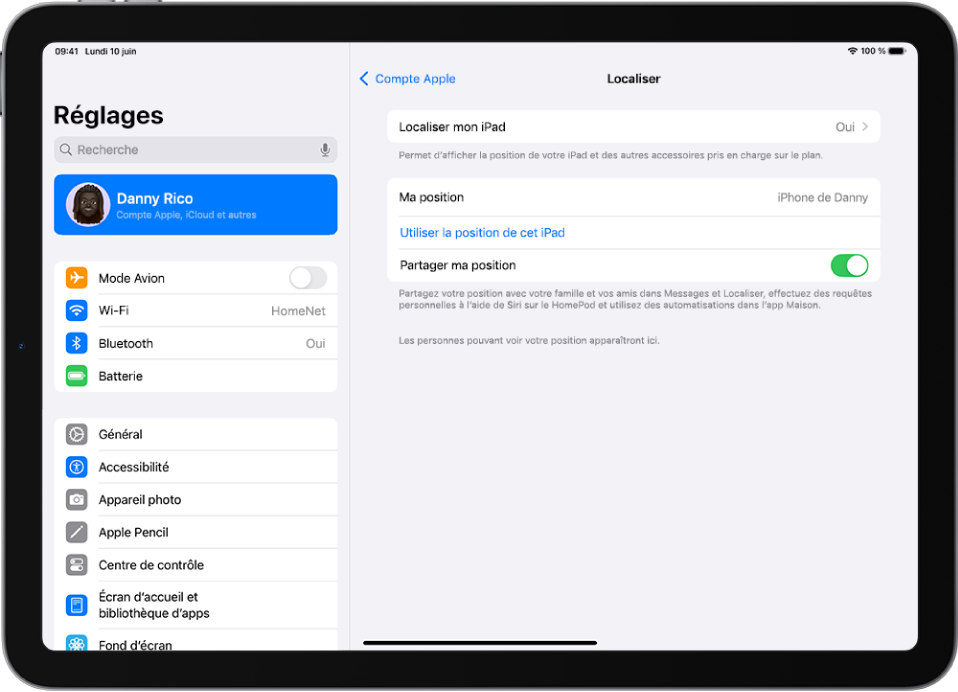 Écran affichant les réglages de l’app Localiser, avec des options permettant d’activer « Localiser mon iPad » et « Partager ma position ».