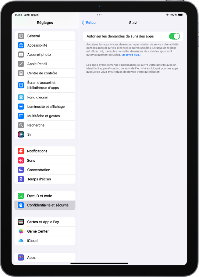 L’écran Suivi, avec un réglage permettant de contrôler les apps pouvant demander à faire un suivi de l’utilisateur sur des sites Web ou dans des apps appartenant à d’autres entreprises.