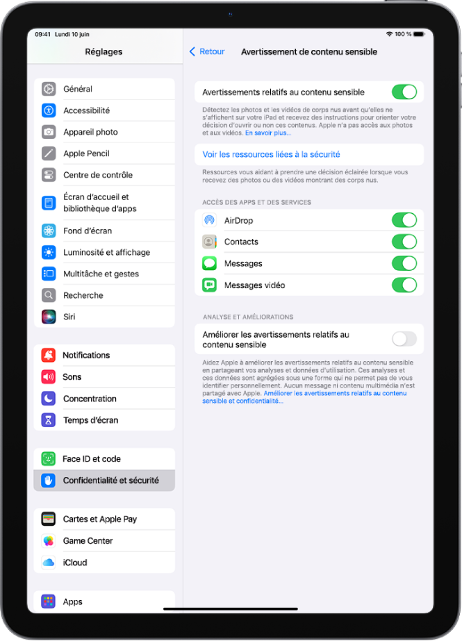 Les réglages pour Avertissement relatif au contenu sensible, avec un lien intitulé Voir les ressources liées à la sécurité et un bouton intitulé Améliorer les avertissements relatifs au contenu sensible pour partager des données d’analyse et d’utilisation avec Apple.