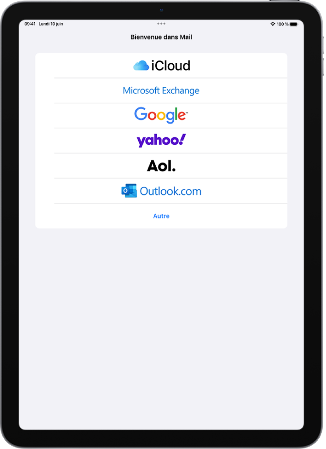 L’écran Ajouter un compte, avec des options permettant de choisir un type de compte de messagerie, notamment iCloud, Microsoft Exchange, Google, Yahoo, AOL et Autre.