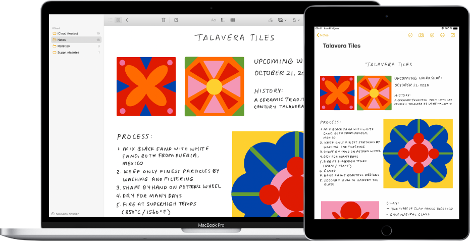 Un iPad avec une esquisse, à côté d’un Mac affichant l’esquisse dans une note.