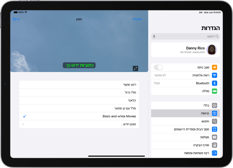 מכשיר iPad שמציג דוגמה של כתוביות בסגנון מותאם אישית.