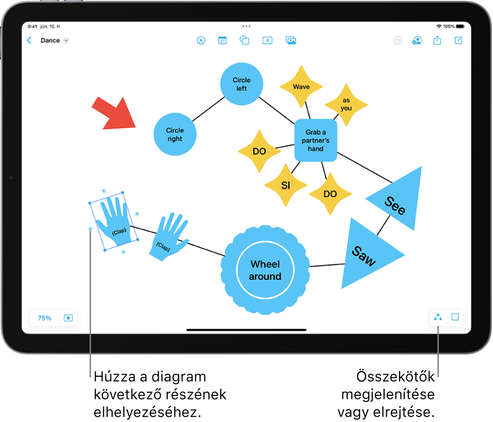 Egy diagram látható egy Freeform-táblán, a kiválasztott alakzaton látható összekötőkkel és a felette látható alakzatformázó eszközökkel.