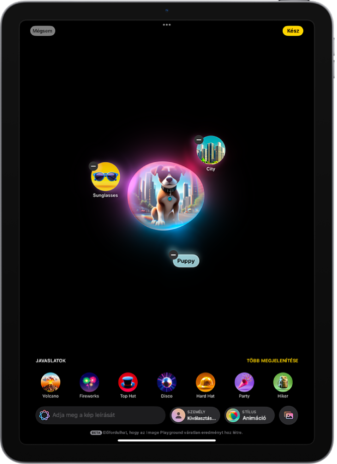 Az Image Playground app ablakában egy szuperhősnek öltözött személyről létrehozott kép látható.