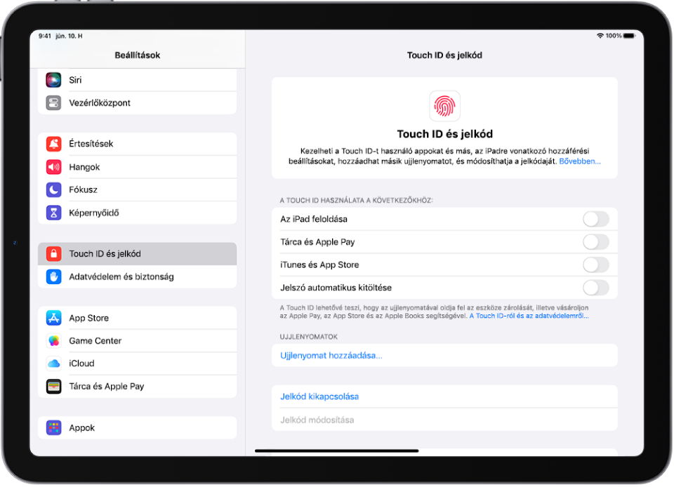 A Touch ID és jelkód beállításai két opcióval, amelyek lehetővé teszik egy ujjlenyomat hozzáadását és a jelkód bekapcsolását.