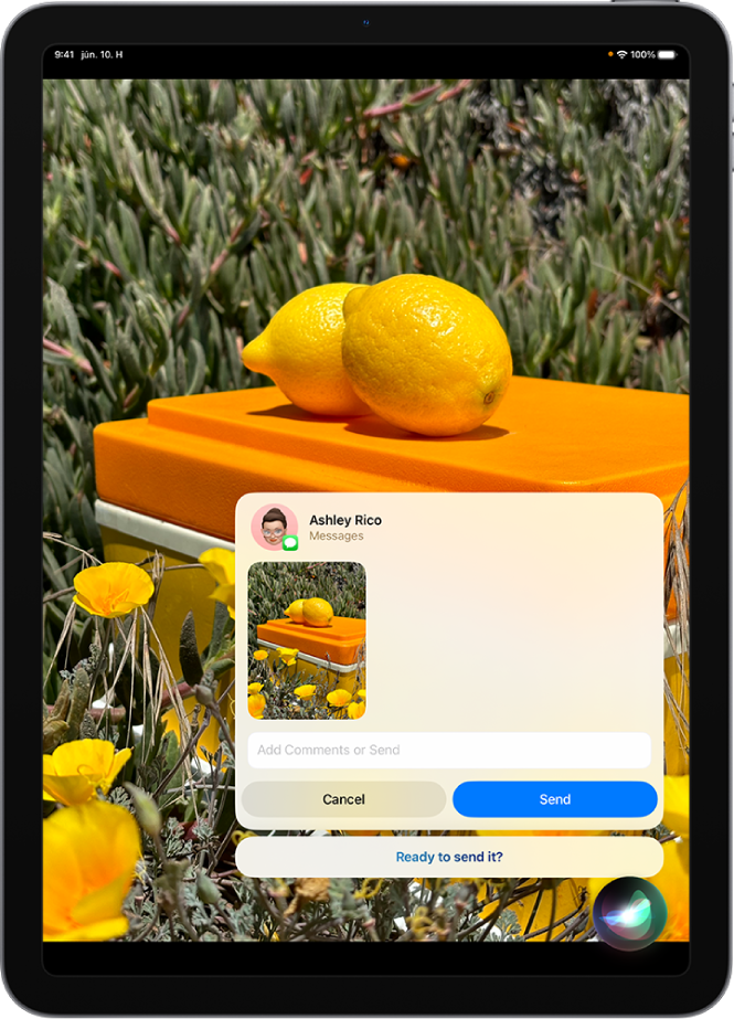 Az iPad képernyője, amelyen a jobb alsó sarokban Siri figyelési appja látható, felette pedig Siri válasza egy küldésre kész szöveges üzenet formájában.