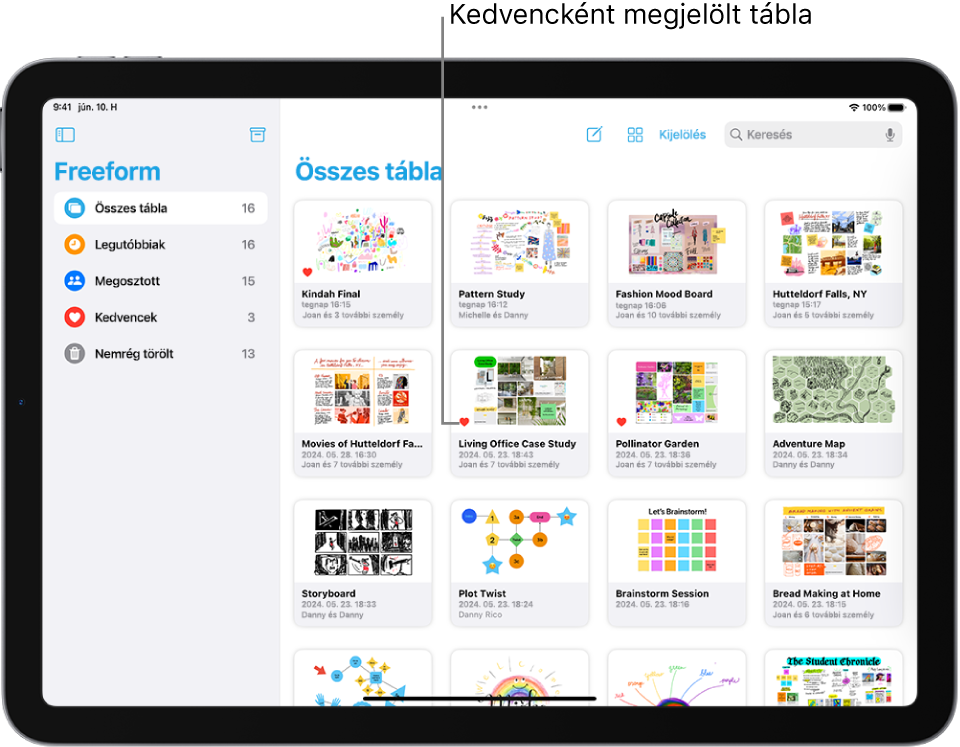 Egy iPaden a Freeform app van megnyitva. Az oldalsávon az Összes tábla lehetőség van kijelölve, a jobb oldalon pedig táblabélyegképek láthatók.