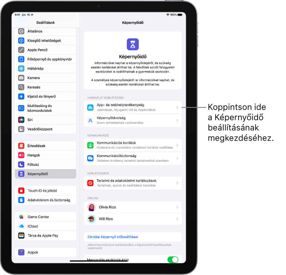 A Képernyőidő beállítására szolgáló képernyő, amelyen az látható, hogy a kezdéshez az App- és webhelytevékenység gombra kell koppintania.