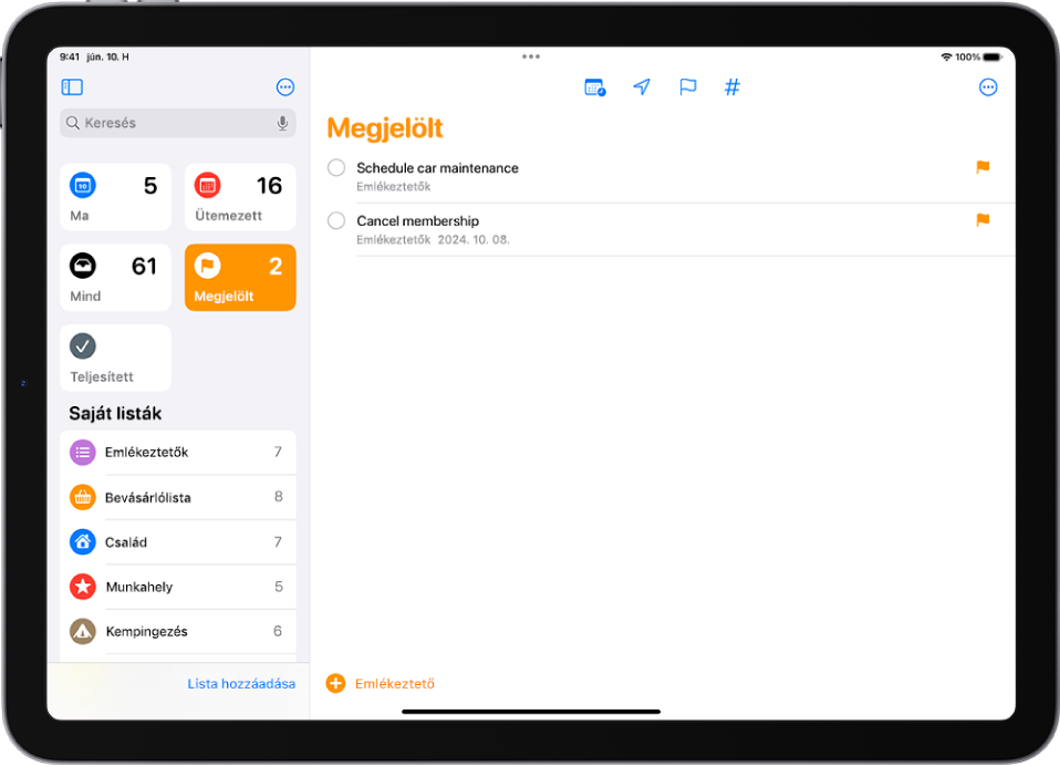 Az Emlékeztetők képernyőjén egy intelligens lista látható, amely az összes megjelölt elemet tartalmazza.