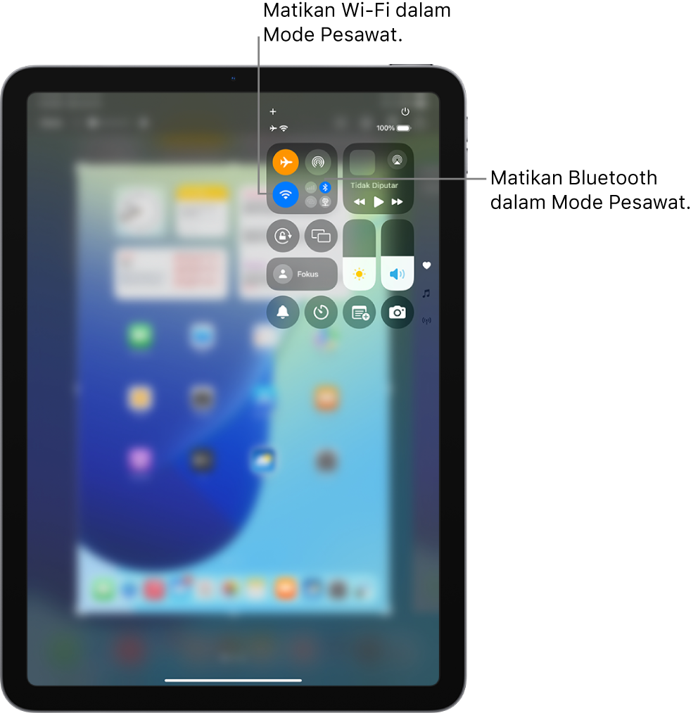 Pusat Kontrol iPad menampilkan Mode Pesawat dinyalakan. Tombol untuk mematikan Wi-Fi dan Bluetooth berada mati dekat pojok kiri atas Pusat Kontrol. Ketuk ikon Bluetooth untuk mematikan Bluetooth dalam Mode Pesawat. Ketuk ikon Wi-Fi untuk mematikan Wi-Fi dalam Mode Pesawat.