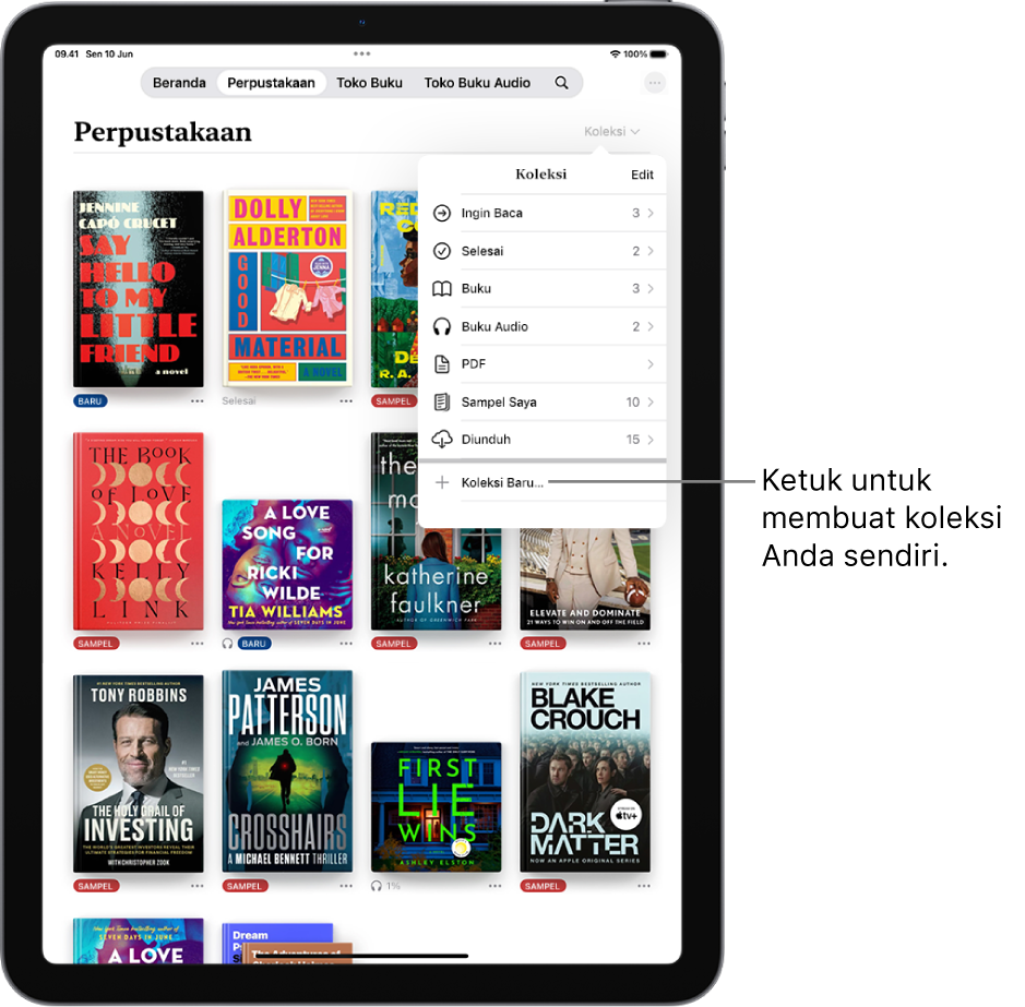Layar Perpustakaan di app Buku. Di bagian atas layar, menu Koleksi terbuka dan menampilkan pilihan seperti Buku Audio dan PDF.
