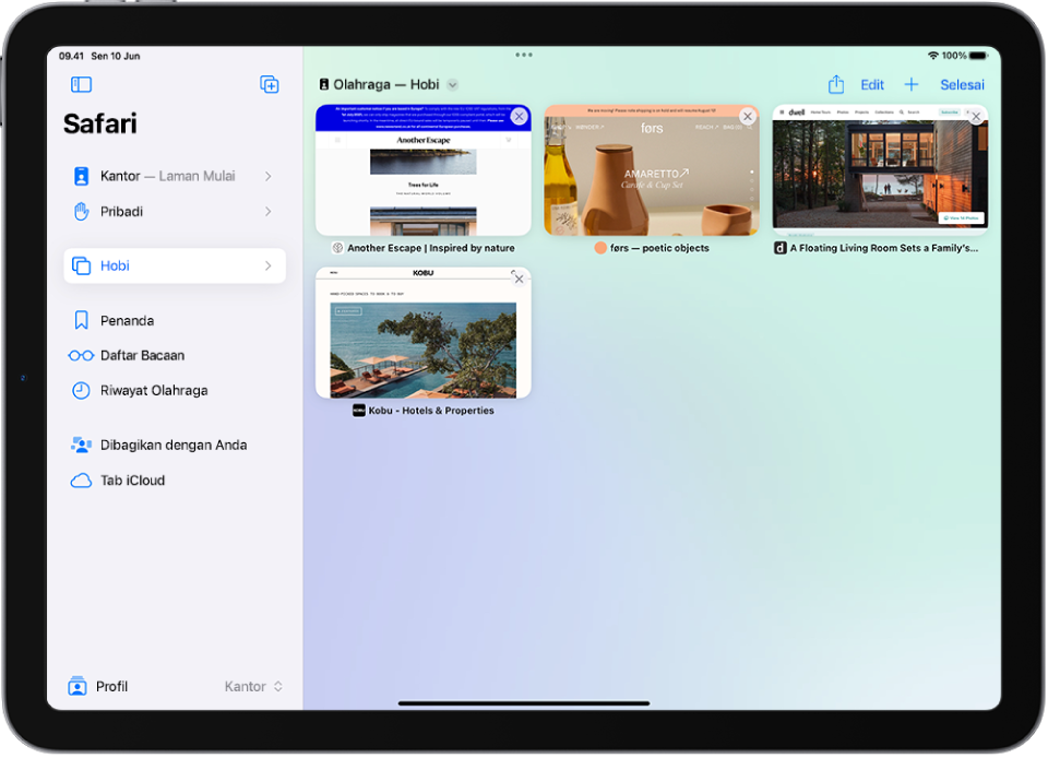 Di Safari, beberapa Grup Tab dicantumkan. Satu Grup Tab dipilih, dengan pratinjau enam tabnya yang terbuka terlihat.