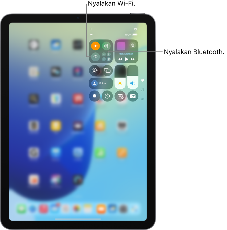 Pusat Kontrol iPad menampilkan Mode Pesawat dinyalakan. Tombol untuk menyalakan Wi-Fi dan Bluetooth berada di dekat pojok kiri atas Pusat Kontrol.