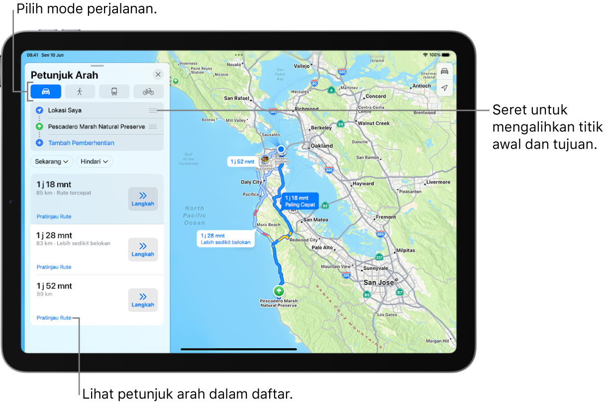 Peta dengan beberapa kemungkinan rute untuk petunjuk arah berkendara antara Lokasi Saya dan tujuan.