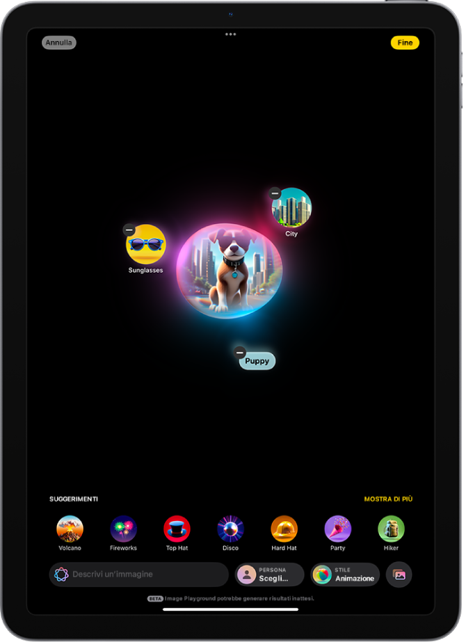 La finestra dell’app Image Playground che mostra l’immagine creata di una persona in versione supereroe.