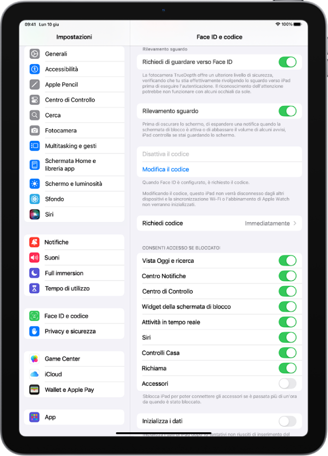 Le impostazioni “Face ID e codice” con le opzioni per consentire l’accesso a determinate funzionalità quando iPad è bloccato.