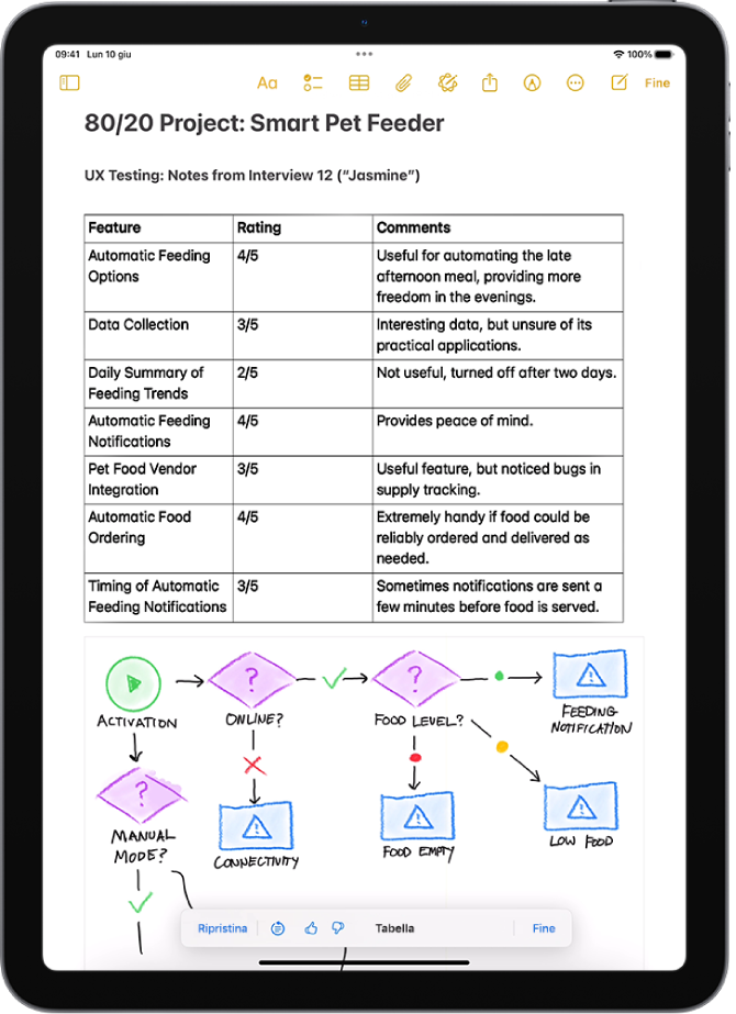 iPad che mostra del testo organizzato in una tabella nell’app Note.