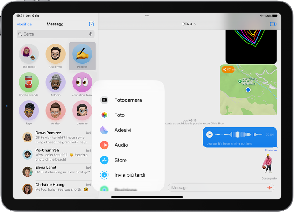 Dopo aver toccato il pulsante App in una conversazione di Messaggi, viene visualizzato un elenco di funzionalità da aggiungere al tuo messaggio.