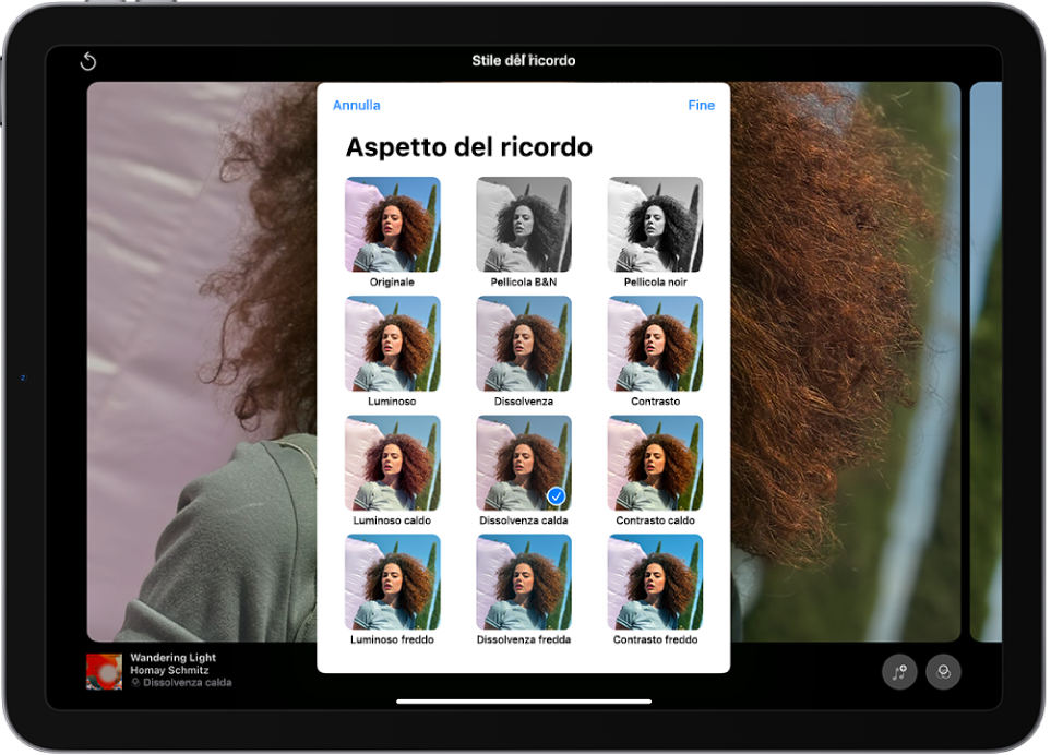 Al centro dello schermo viene riprodotto un ricordo. Nella parte inferiore dello schermo, da sinistra a destra, sono visualizzati i pulsanti “Mix di ricordi”, Foto e Filmato. In alto a destra sono presenti i pulsanti Volume, Altro e Chiudi. In alto a sinistra vengono mostrati il titolo del ricordo e il nome del brano con il relativo artista.