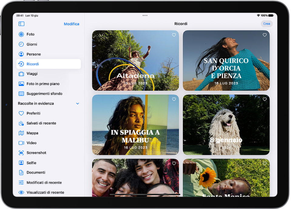 La raccolta Ricordi è aperta nell’app Foto. Il pannello Tutti è selezionato e di seguito viene mostrato un elenco di ricordi.