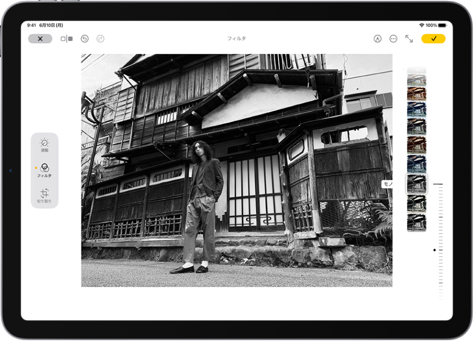 写真アプリの「編集」画面。中央に1枚の写真が表示されています。画面の左側には、「調整」、「フィルタ」、および「切り取り」の各ボタンがあり、「フィルタ」が選択されています。画面の右側には、フィルタのオプションとフィルタエフェクトのレベルを調整するためのスライダがあります。