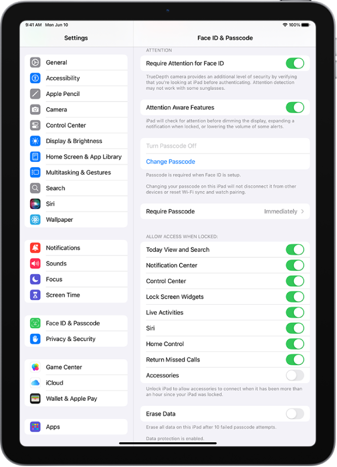 iPad ಅನ್ನು ಲಾಕ್ ಮಾಡಿರುವಾಗ ನಿರ್ದಿಷ್ಟ ಫೀಚರ್ಗಳಿಗೆ ಆಕ್ಸೆಸ್ ಅನ್ನು ಅನುಮತಿಸುವ ಆಯ್ಕೆಗಳಿರುವ Face ID ಮತ್ತು ಪಾಸ್ಕೋಡ್ ಸೆಟ್ಟಿಂಗ್ಸ್.