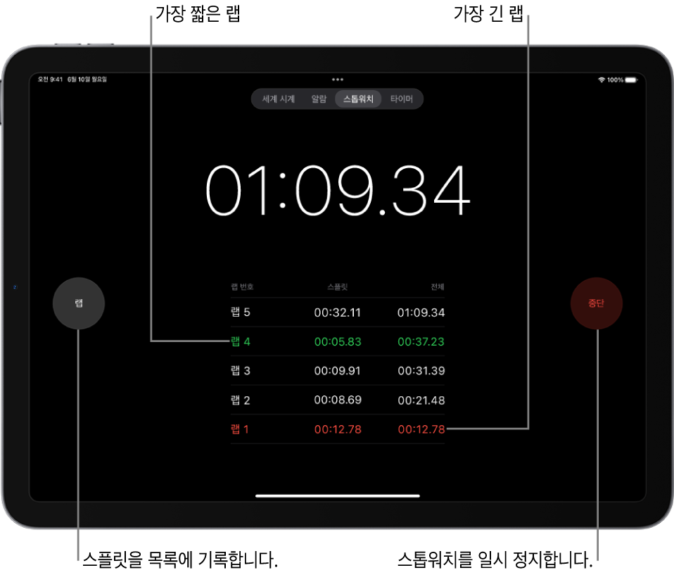 시계 앱의 스톱워치가 이벤트에서 경과된 전체 시간을 표시하고 그 아래에 해당 이벤트의 여러 랩들이 나열되어 있음.