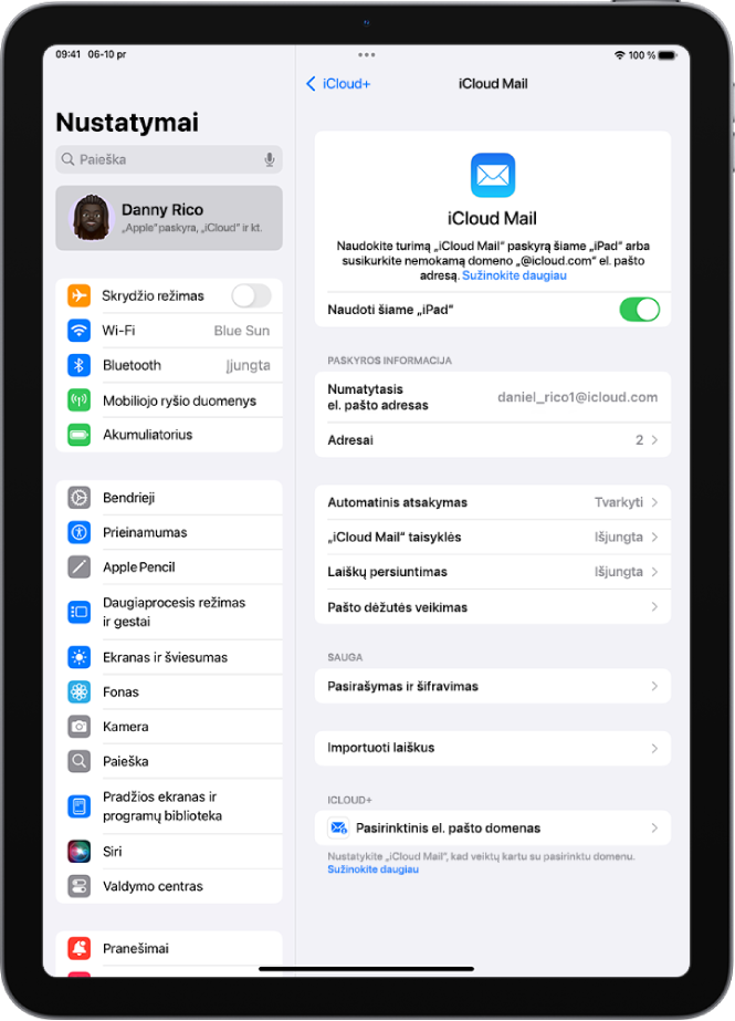 Programoje „Nustatymai“ atidarytas „iCloud Mail“ ekranas. Parinktis „Pasirinktinis el. pašto domenas“ yra meniu apačioje.