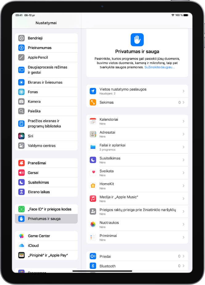 „Vietos nustatymo paslaugų“ nustatymai, pateikti „Privatumas ir sauga“ nustatymuose: matomos „iPad“ vietos bendrinimo parinktys, įskaitant pasirinktinius atskirų programų nustatymus.