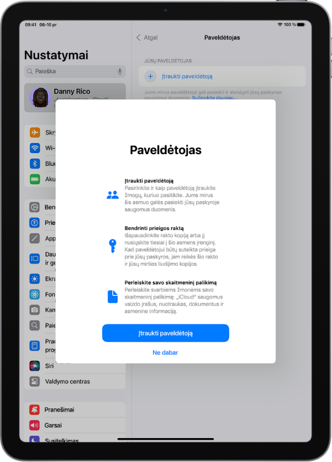 Ekranas „Paveldėtojas“ su informacija apie funkciją. Mygtukas „Įtraukti paveldėtoją“ pateiktas apačioje.