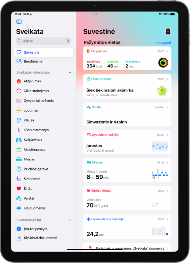 Suvestinės ekranas programoje „Sveikata“. Informacija apie veiklą, psichologinę būseną, gyvybinius rodiklius, miegą, širdies ritmą ir laiką dienos šviesoje rodoma skiltyje „Prisegta“.