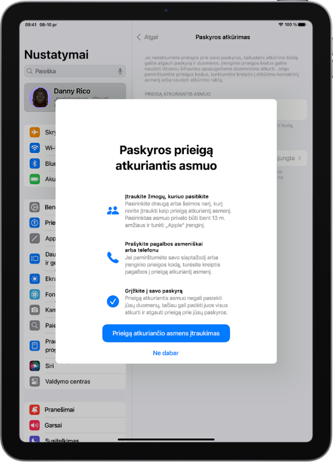 Ekranas „Paskyros prieigą atkuriantis asmuo“ su informacija apie funkciją. Mygtukas „Įtraukti prieigą atkuriantį asmenį“ pateiktas apačioje