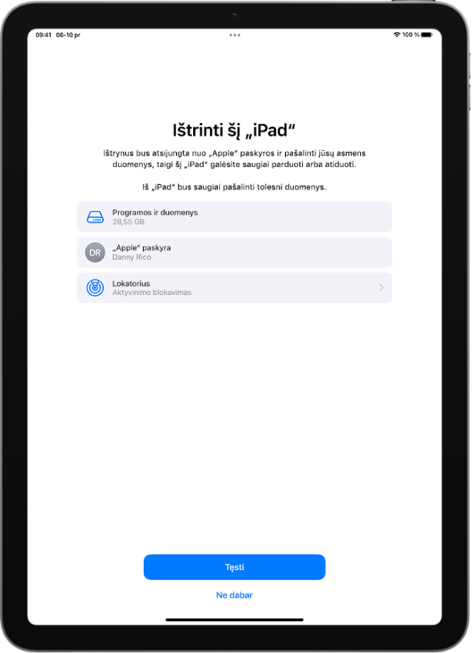 „Ištrinti šį „iPad“ ekranas