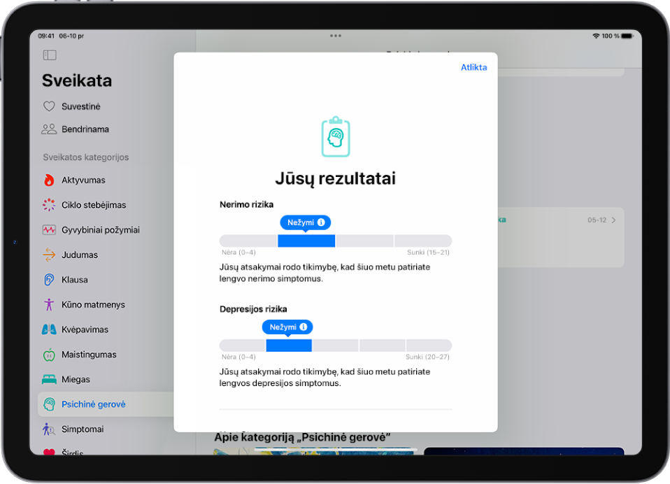 Programa „Sveikata“ ekranas, kuriame pateikiami klausimyno apie psichikos sveikatą rezultatai.
