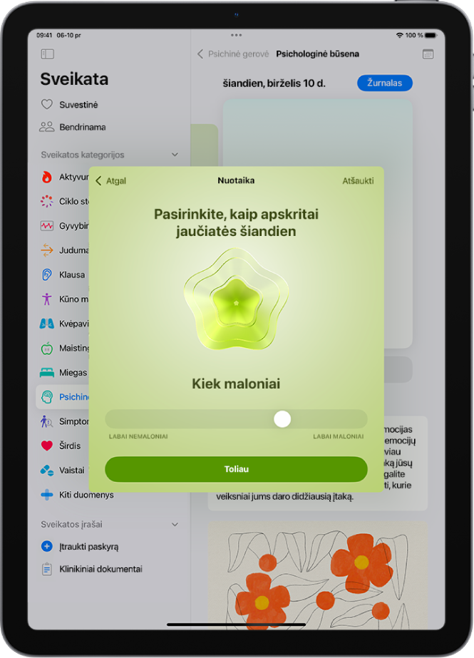 Programos „Sveikata“ ekranas, kuriame dabartinė nuotaika įvardijama kaip šiek tiek maloni. Ekrano apačioje yra slankiklis emocijos lygiui koreguoti.